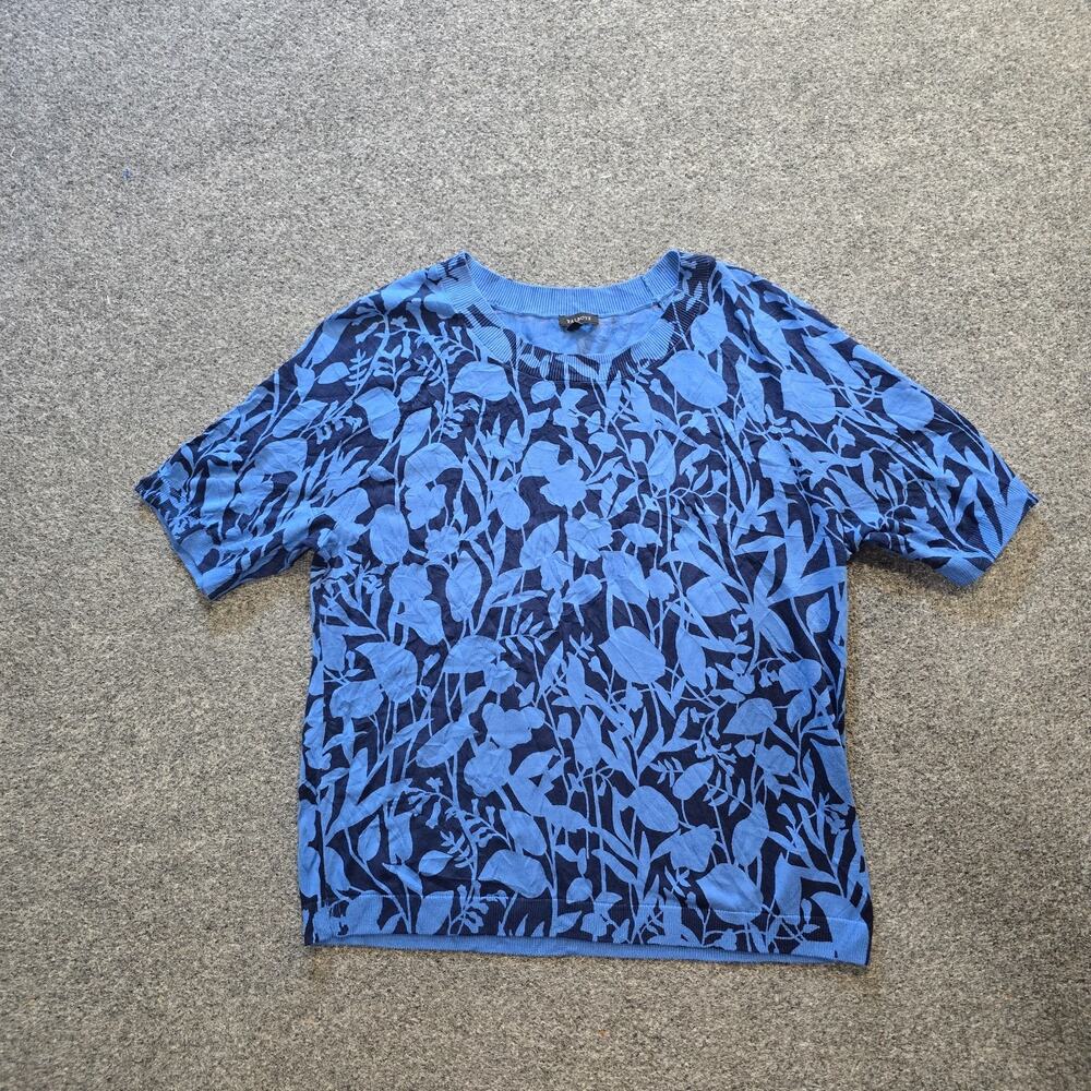 Talbots Sweater Womens Size Large Blue Floral Short Sleeve Stretch Knit Casual
